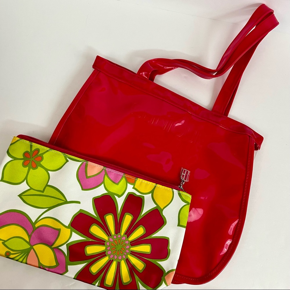 Clinique Small Pink Clear Tote Bag & Small Floral Zipper Pouch Bundle